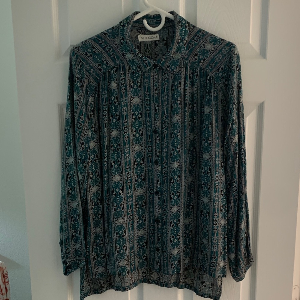 Volcom Women's Teal and Black Patterned Blouse